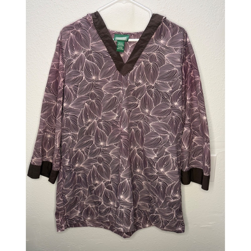 LL Bean Womens XL Purple Leaf Print Hooded‎ Tunic V-Neck 3/4 Sleeve Top 0GTV8